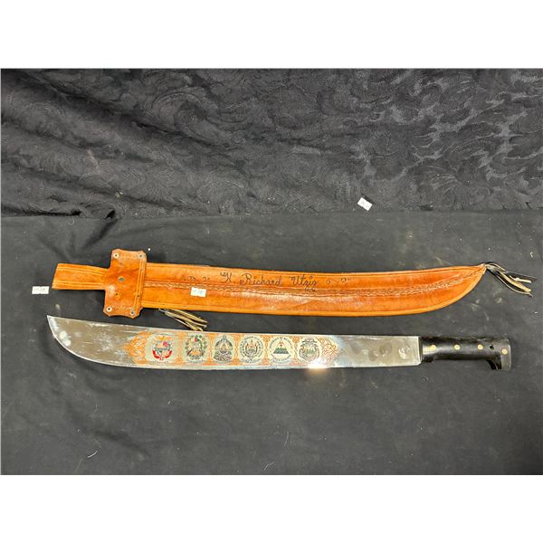 Vintage machete with absolutely stunning blade graphics and sheath, made in Honduras, 28"