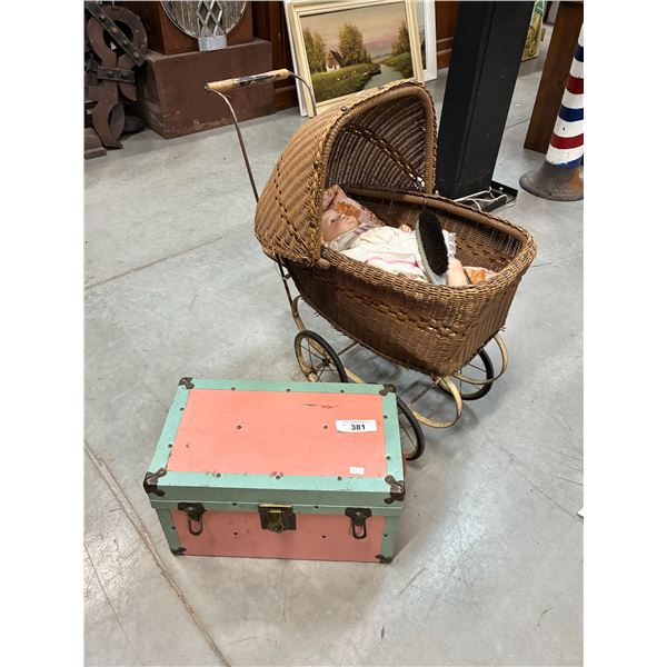 Vintage toy baby carriage and metal toy chest