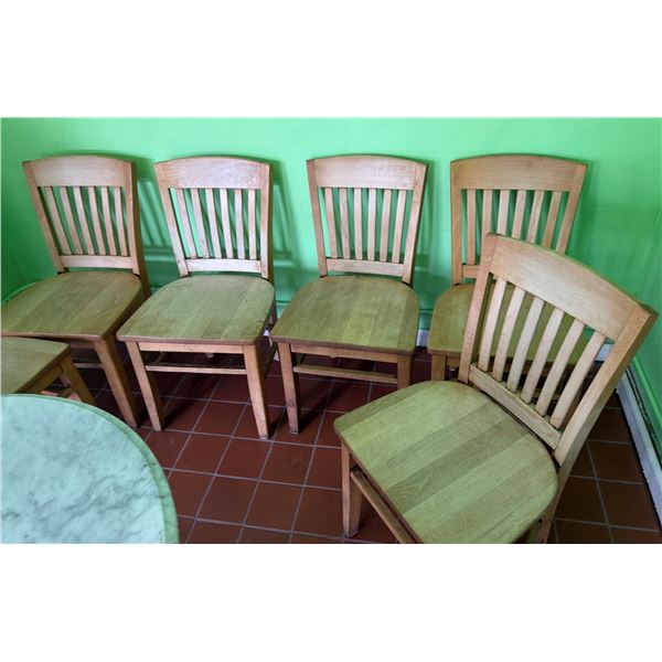 Qty 6 Wooden Chairs w/ Slatted Backs 18" x 16" x 34"H (some wobble)