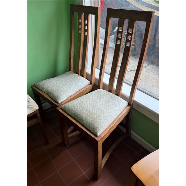 Qty 2 Wooden Chairs w/ Slatted Backs & Upholstered Seats 14" x 44"H