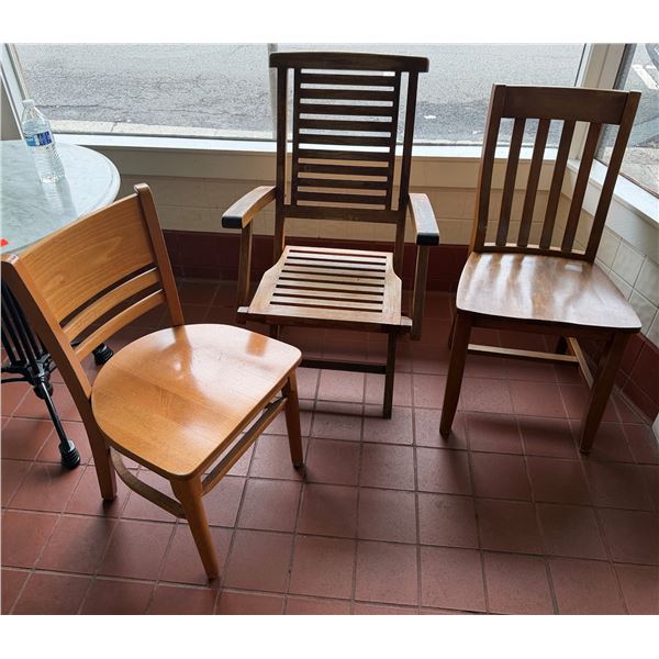 Qty 3 Wooden Chairs w/ Slatted Backs, Misc Sizes