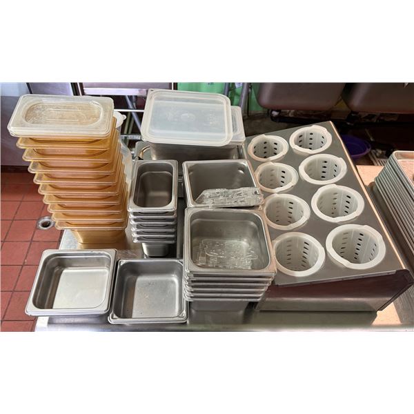 Multiple Metal Food Storage Containers w/ Some Lids, Misc Sizes, Carafes & Flatware Cylinder Holders