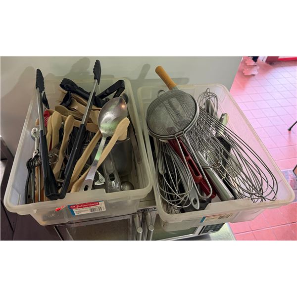 Qty 2 Bins Multiple Kitchen Utensils: Whisks, Strainers, Spatulas, Tongs, Spoons, etc