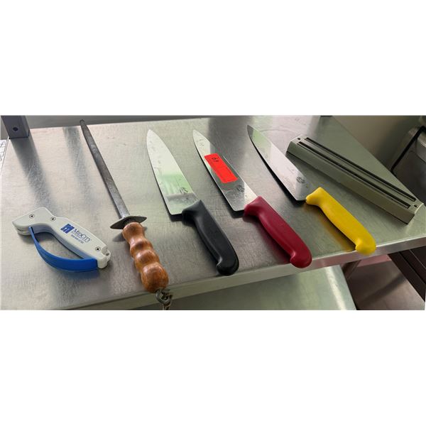 Qty 3 Chef's Knives w/ Sharpeners, Misc Sizes