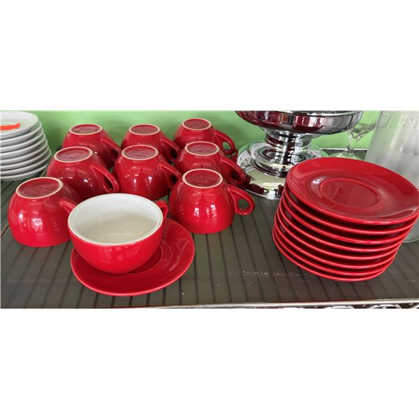Qty 9 Nuova Point Large Red Latte Cups w/ 9 Saucers