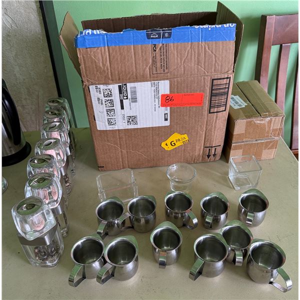 Qty 11 Metal Cream Pitchers, 7 Salt & Pepper Grinders, Glass Condiment Containers, etc Misc Sizes