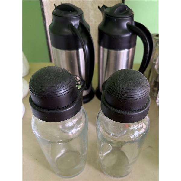 Qty 2 Metal Coffee Carafes & 2 Shakers w/ Black Lids
