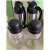 Image 1 : Qty 2 Metal Coffee Carafes & 2 Shakers w/ Black Lids