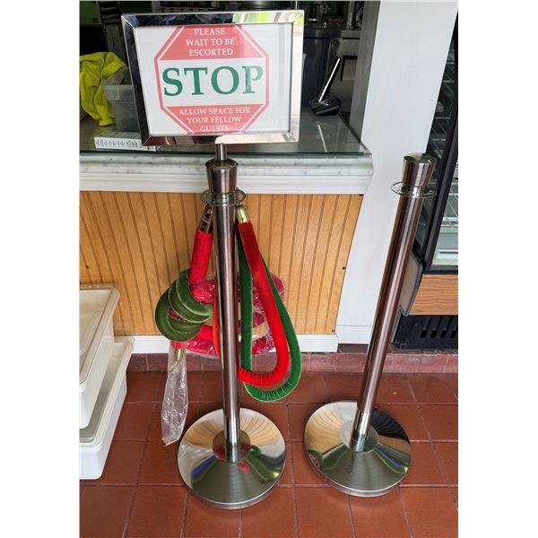 Qty 2 Crowd Control Stanchion Posts w/ Velvet Ropes & Stop Please Wait Sign