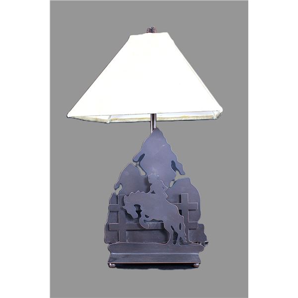 Metal Cowboy Lamp With Leather Shade- Works