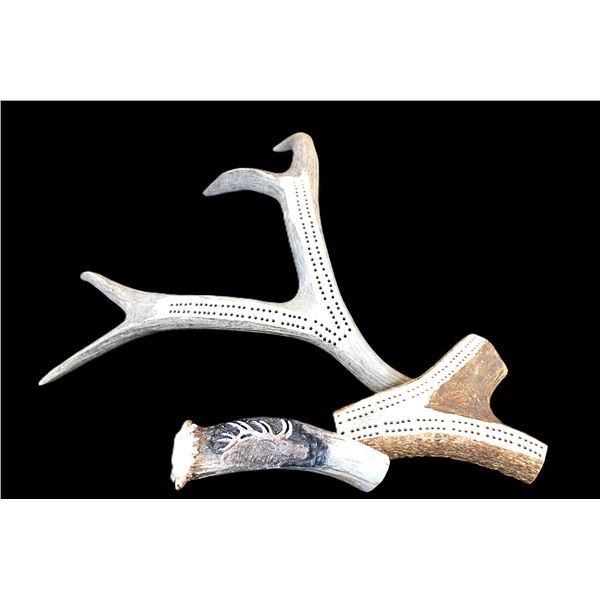 Elk And Deer Antler Cribbage Set- Carved Elk Head On Deer Antler