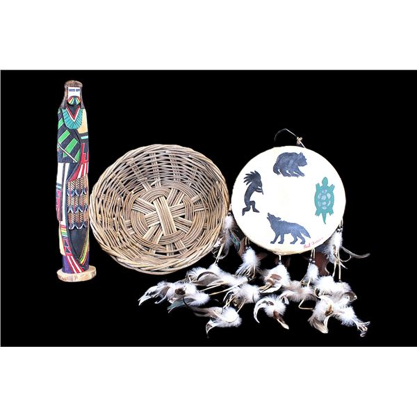Willow Woven Basket- 5.5" X 18.5"- Contemporary Native Drum Marked Paul Therrien- Beaded And Feather