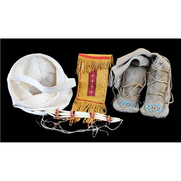 Beaded Hightop Moccasins- Contemporary Beaded And Fringed Possibles Bag- Choker- Canvas Bag- Knife