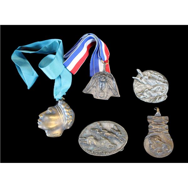 4 Marked Cowboy Hall Of Fame Medallions- 2 With Ribbons- Brass Belt Buckle