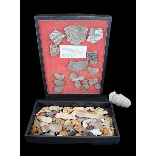Shadow Box Of Early Pottery Shards From Colorado C 1700's- Box Of Native Flint Artifacts