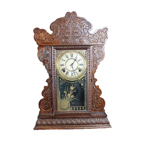 Oak Gingerbread Clock C 1900's- Carved- Key- Gold Inlay-  23.5" X 15"
