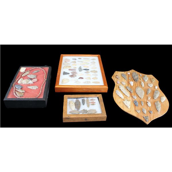 3 Shadow Boxes And Board With Native Flint Points- Strand Of Catlinite Beads- Round "Good Luck"