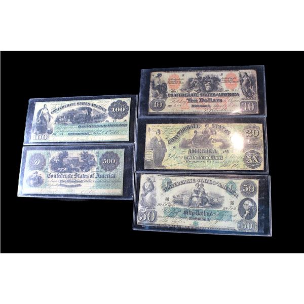 Confederate States Of America Bills- $500- $100- $50- $20- $10