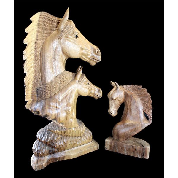 2 Carved Wooden Horse Statues- 32" X 17"- 17" X 10.5"