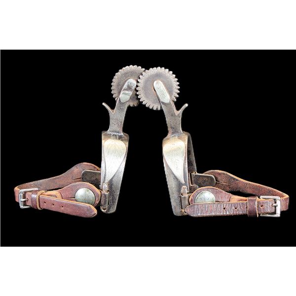 Inside Marked Crockett Silver Overlaid Leaf Pattern Spurs- 1  Bands- 2.5  Shanks- 2  Rowels- Chap Gu