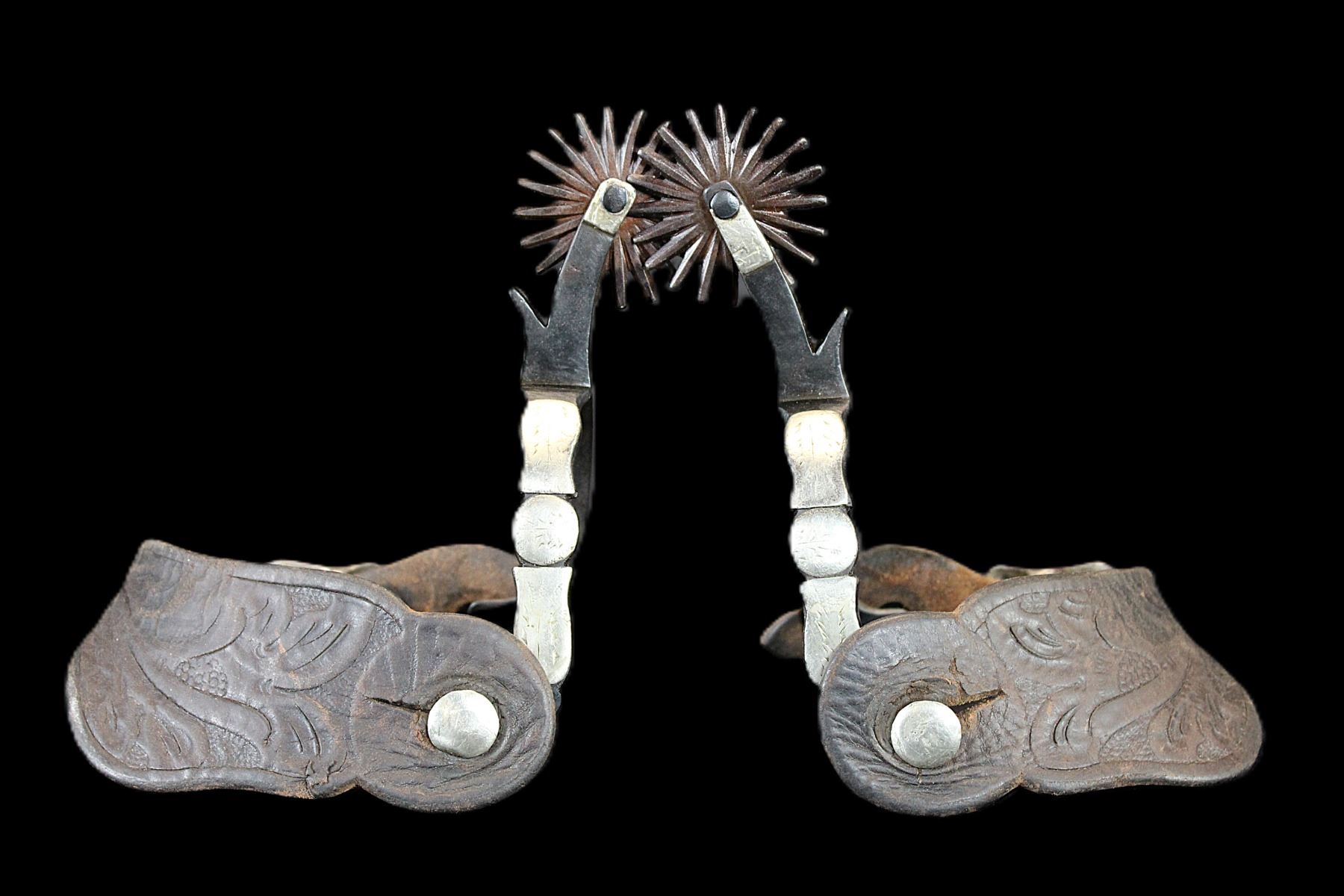Unmarked Double Mounted Silver Overlaid Spurs (Attributed To Tom ...