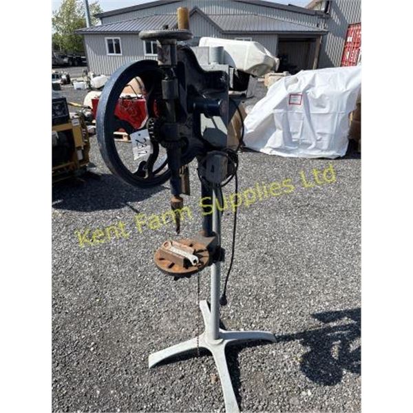 ANTIQUE DRILL PRESS MOUNTED ON FLOOR PEDESTAL