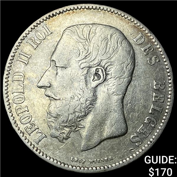 1871 Belgium Silver 5 Francs NEARLY UNCIRCULATED