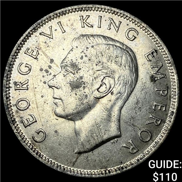 1940 New Zealand Silver Half Crown NEARLY UNCIRCULATED