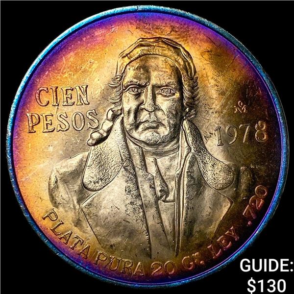 1978 Mexico Silver 100 Pesos Toned UNCIRCULATED
