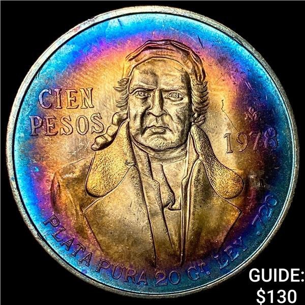 1978 Mexico Silver 100 Pesos Toned UNCIRCULATED