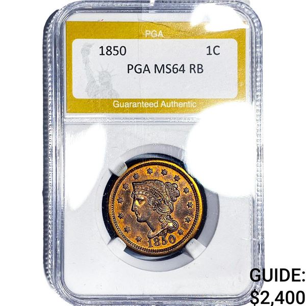 1850 Braided Hair Large Cent PGA MS64 RB