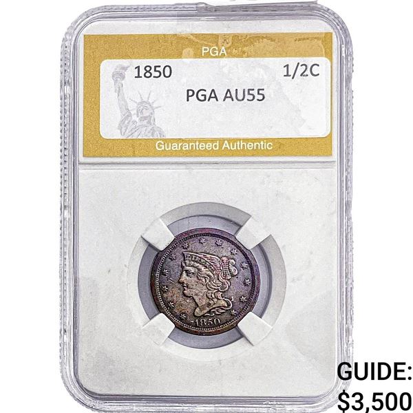 1850 Braided Hair Half Cent PGA AU55