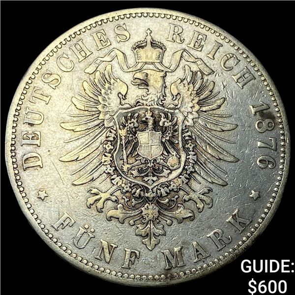 1876J Germany St Hamburg Silver 5 Mark