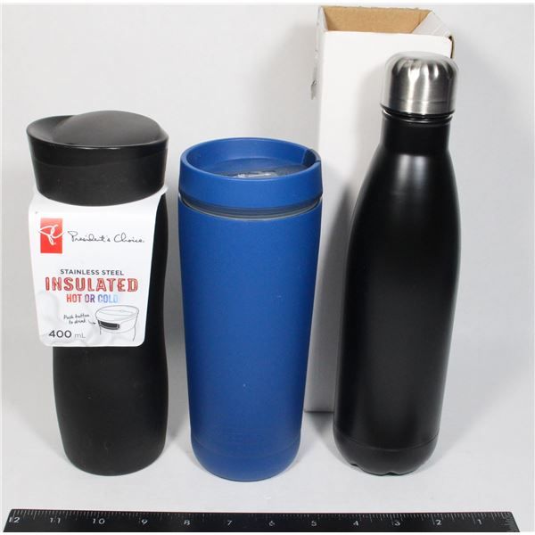 TWO NEW TRAVEL MUGS AND NEW WATER BOTTLE