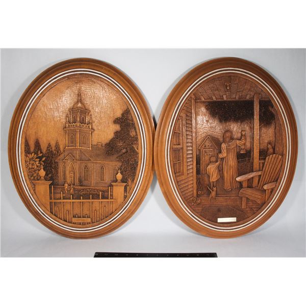 TWO CARVED WOODEN WALL ART. KIM MURRAY