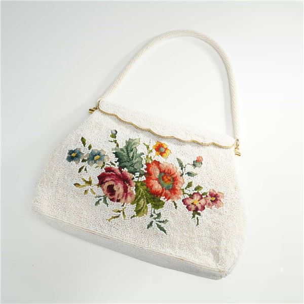 A Vintage 1960s Glass Beaded and Needlepointed Floral Evening Bag
