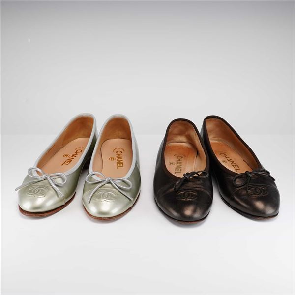 Two Pairs of Chanel Metallic Leather Ballerina Flats, Champagne and Bronze