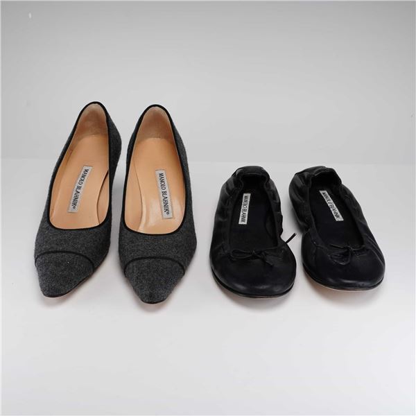 Two Pairs of Manolo Blahnik Shoes, Gray Wool Pumps and Black Leather Flats