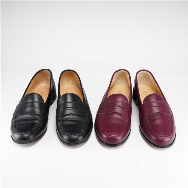 Two Pairs of UnÃ¼tzer Italian Leather Penny Loafers, Black and Burgundy
