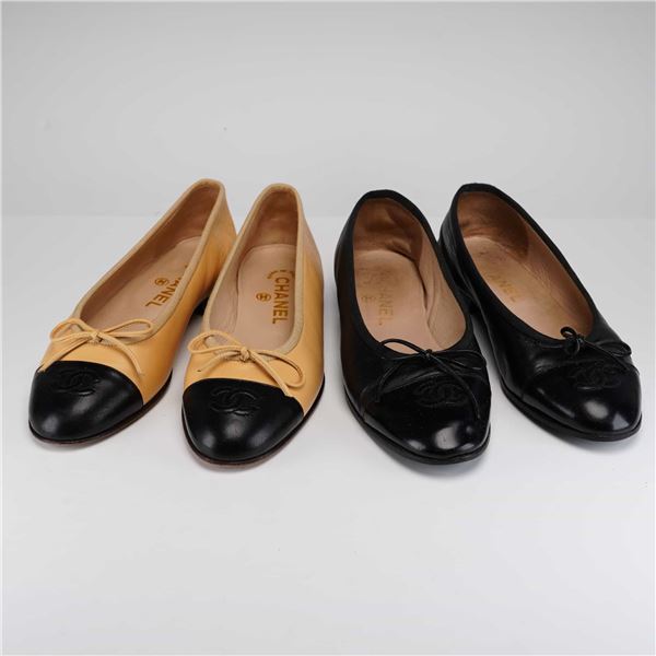 Chanel Lambskin Ballerina Flats, Beige and Black