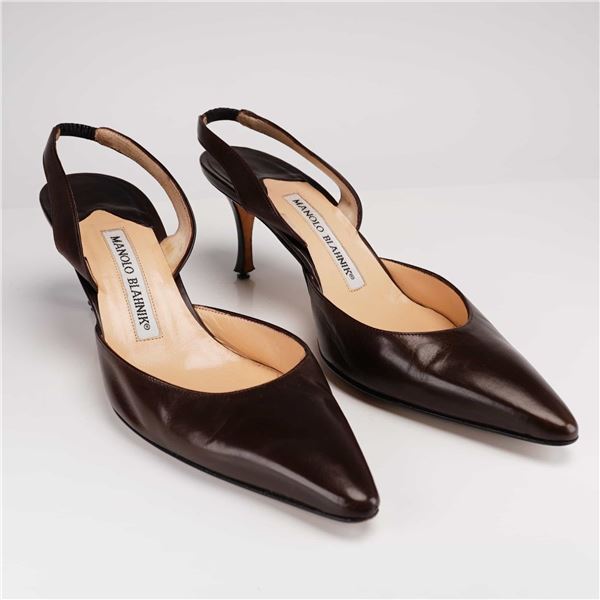 Manolo Blahnik Carolyne Leather Slingback Dark Brown Pumps