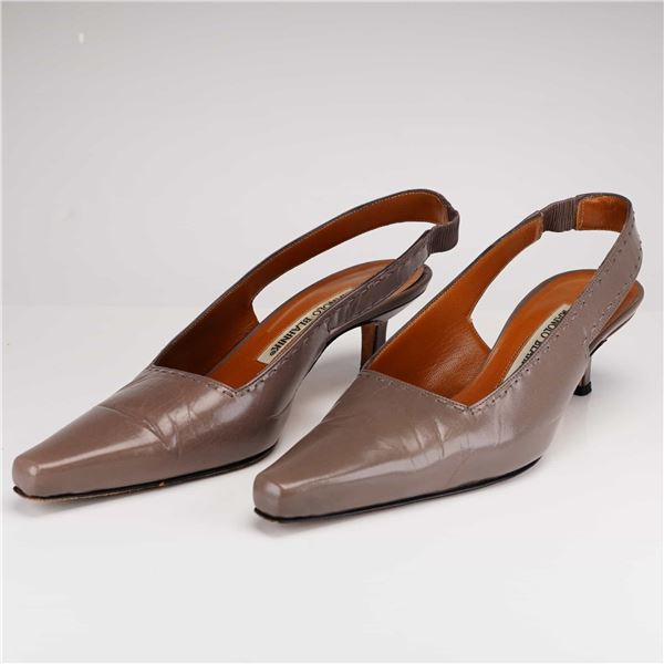 Manolo Blahnik Pointed-Toe Slingback Kitten Taupe Heels