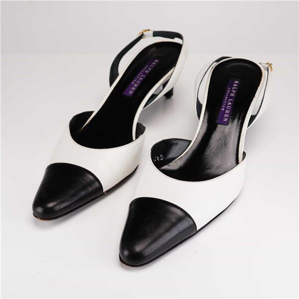Ralph Lauren Collection Cap-Toe Leather Slingback Pumps White and Black