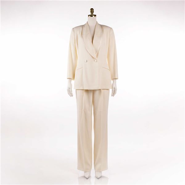 2pc Tahari Wool and Silk Off-White Double-Breasted Pantsuit