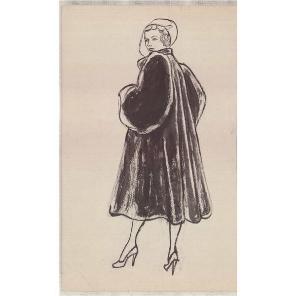Wayne Hall American Original Drawing Illustration Woman in Fur Coat