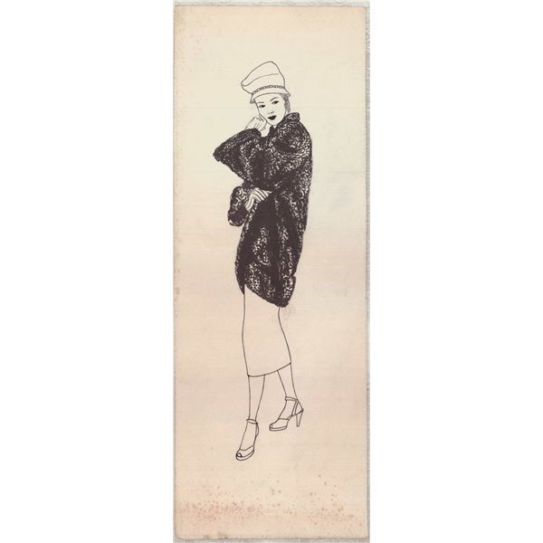 Wayne Hall Ink Drawing Illustration Woman in Fur Coat