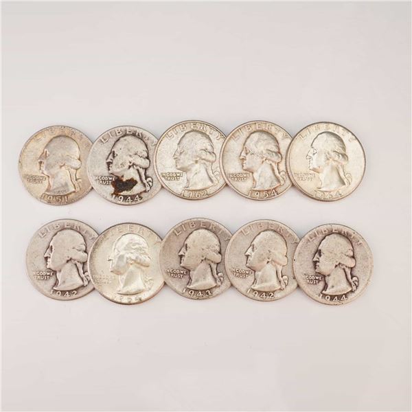 1942-1944,1951,1954,1962,1964 Ten Washington Silver Quarter Circulated Coins