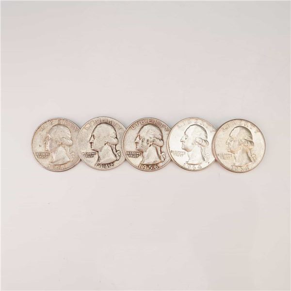 1942,1956,1961,1964 Five Washington Silver Quarter Circulated Coins