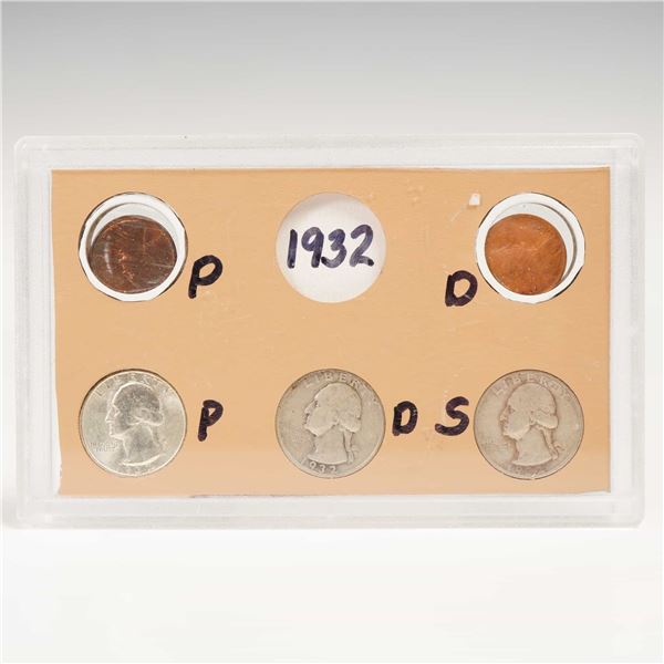 1932 Washington Quarters and Lincoln Cent Coin Set
