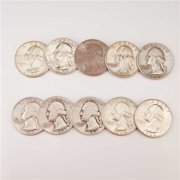 1941,1950,1957,1961,1963,1964 Ten Washington Silver Quarter Circulated Coins